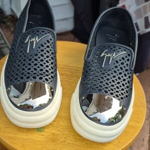 Giuseppe Zanotti Black and Silver Perforated Slip-Ons